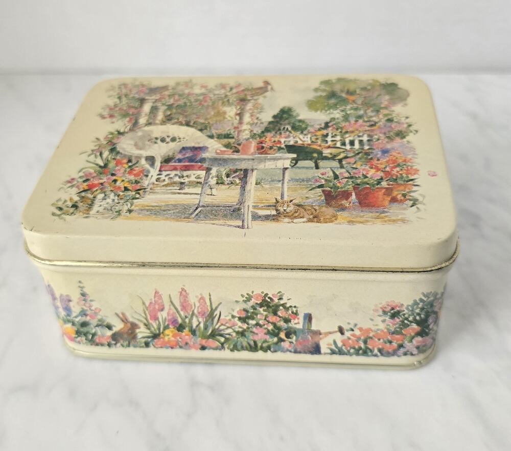 Vintage Cottage Garden Lithograph Metal Storage Tin